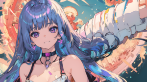 Ai Art Blue Hair Anime Girls Pastel Bangs Choker Looking At Viewer Earring 2560x1080 Wallpaper