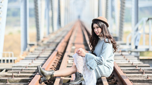 Asian Model Women Long Hair Dark Hair Sitting Depth Of Field Berets Railway Chingcho 3840x2560 Wallpaper