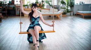 Asian Model Women Long Hair Dark Hair Flower Dress Swings Rope Swing Black High Heels Couch Sitting  3840x2560 Wallpaper