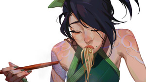 Women Asian Artwork Food Eating Noodles Dark Hair Chopsticks Painted Nails Inked Girls White Backgro 1330x1919 Wallpaper