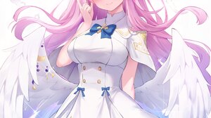 Pink Hair Long Hair Yellow Eyes Wings Halo Feathers Anime Girls White Dress 3072x4096 Wallpaper