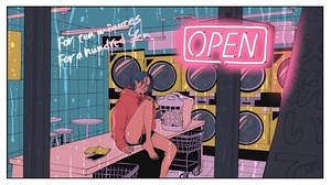 Music Musician Anime Laundromat Anime Girls Sitting Open Neon Feet Short Shorts Short Hair Looking A 4800x2520 wallpaper
