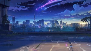 Artwork Digital Art Night Stars City Building Shooting Stars Clouds Comet Anime City Anime 1920x1080 Wallpaper