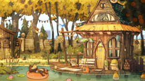 Jeoffrey Magellan Tevy Dubray Boathouses Cattails Radio Raccoons Lily Pads Log Trees Blue Jays Bench 1920x1080 wallpaper