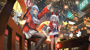 22 Bilibili 33 Bilibili Two Women Bunny Ears New Year Fireworks Lantern Chinese Architecture Blue Ha 4581x2577 Wallpaper