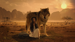 Wolf Photoshopped Women Desert Fantasy Girl Animals Sunset 1920x1080 Wallpaper
