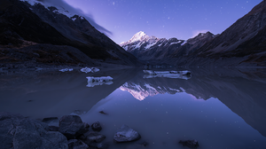 Mountains Snow Water Clear Sky Stars Reflection Nature Sky Rocks Mt Cook New Zealand 2600x1736 Wallpaper