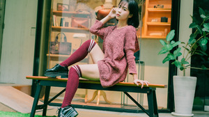 Asian Model Women Long Hair Dark Hair Sitting Knee High Socks Bench 2560x1706 wallpaper