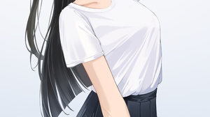 Anime Anime Girls Digital Digital Art 2D Looking At Viewer Skirt Thigh Highs T Shirt Long Hair Black 2548x4570 wallpaper