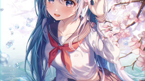 Anime Anime Girls Aimbek Hatsune Miku Water Thigh Highs School Uniform Cherry Blossom Vocaloid 4000x5000 Wallpaper