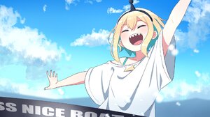 Pikamee Smiling Boat Clear Sky Blonde Virtual Youtuber T Shirt Antenna Anime Girls Closed Eyes Cloud 1920x1080 Wallpaper
