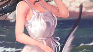 Anime Girls White Dress Portrait Display Seagulls Animals Looking Away Profile Dark Hair Sun Hats Wh 2000x2829 Wallpaper