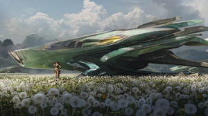 Digital Digital Art Artwork Illustration Spaceship Landscape Clouds Field Dandelion Science Fiction  3840x1511 Wallpaper