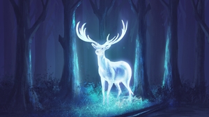Digital Deer Nature Trees Night Harry Potter Patronus Glowing Forest 7680x4320 Wallpaper