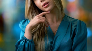 Sergey Churnosov Women Blonde Long Hair Blue Eyes Blue Clothing Head Tilt Makeup Portrait Depth Of F 1440x1799 Wallpaper