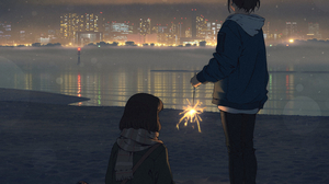 Anime Girls Beach Fireworks 4096x4096 Wallpaper