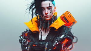 Ai Art Women Cyberpunk Jacket Orange Looking At Viewer Simple Background Minimalism 4579x2616 Wallpaper