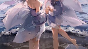 Anime Anime Girls Anmi Portrait Display Walking Waves Water Feet Foot Sole Looking At Viewer Sunligh 1100x2048 wallpaper