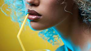 Evgenii Kirillov Women Blonde Curly Hair Makeup Eyeshadow Lipstick Drinking Juice Yellow Blue Light  2334x3500 Wallpaper