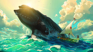 Victor Sales Digital Art Fantasy Art ArtStation Whale Sailing Ship Clouds Water Sky Sunlight Animals 1920x986 Wallpaper