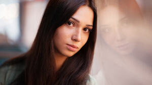 Maxim Maximov Women Mariya Volokh Brunette Long Hair Brown Eyes Looking At Viewer Freckles Portrait  2048x1425 Wallpaper