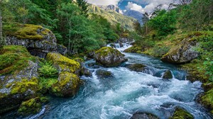 Nature Landscape Norway River Forest Stones Moss Sky Stream Mountains Water 3840x2560 Wallpaper