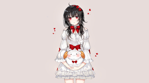 Anime Anime Girls Original Characters Artwork NaruHana Black Hair Red Eyes Dress Stuffed Animal 3840x2160 Wallpaper