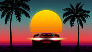 1980s 80s Sunset Car Lamborghini Palm Trees 8 Bit Neon OutRun 1920x1080 Wallpaper