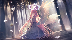 Misono Mika Anime Angel Wings Wings Feathers Looking At Viewer Long Hair Pink Hair White Dress Cathe 3060x1440 Wallpaper