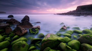Nature Sea Coast Moss Stones Mist Sky Clouds 3840x2160 Wallpaper