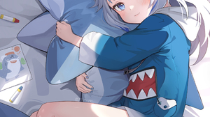 Virtual Youtuber Hololive Anime Girls Blue Eyes Lying Down Portrait Display Looking At Viewer Smilin 2689x3653 Wallpaper