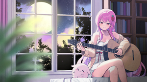 Twin Artist Legs Crossed Anime Girls Full Moon Moon Original Characters Pink Hair Long Hair Purple E 2492x1400 Wallpaper
