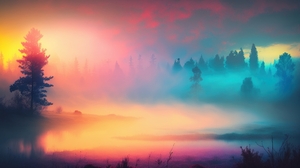 Ai Art Mist Morning Sunrise Landscape Lake Sunlight Nature 4579x2616 wallpaper