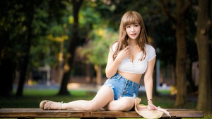 Asian Model Women Long Hair Brunette Depth Of Field Jeans Hot Pants White Tank Top Sitting Nylons Sa 4562x3041 Wallpaper