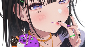 Original Characters Anime Anime Girls Cupcakes Blushing Halloween Painted Nails Blue Eyes Black Hair 1000x1412 Wallpaper