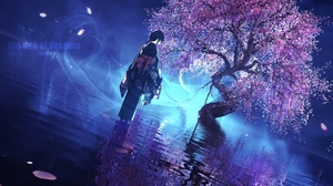 Anime Anime Girls Reflection Water Trees Petals Kimono Looking Back Standing Looking At Viewer 6000x2772 Wallpaper