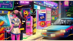 Digital Art Artwork Illustration Women Street Vehicle Arcade Shorts Ponytail Arcade Cabinet Car Head 3000x1491 wallpaper