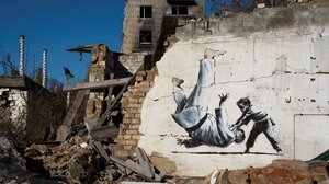 Mural Graffiti Artwork Ukraine Banksy Wall Ruins War Monochrome Judo Sport Children 2200x1467 wallpaper
