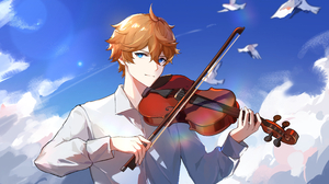 Video Game Art Digital Art Tartaglia Genshin Impact Music Violin Birds Sky Musical Instrument Video  4253x2701 wallpaper