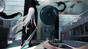 Anime Girls Lemtun Sword Creature White Hair 6293x3347 Wallpaper