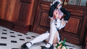 Karina Salakhutdinova Women Cosplay Re Zero Kara Hajimeru Isekai Seikatsu Pink Hair Maid Outfit Legs 2400x1600 wallpaper