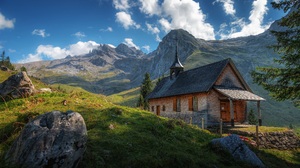 Landscape Nature Switzerland Mountains Sky Clouds House Stones Grass Shadow Church 3840x2560 Wallpaper