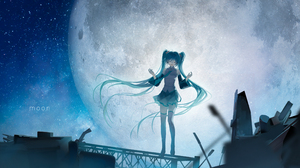 Hatsune Miku Vocaloid Moon Night Twintails Blue Hair Anime Girls Closed Eyes 3840x2160 Wallpaper