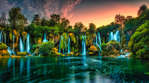 Waterfall Nature Water Tropical Sunset Warm Colors Warm Light Trees Outdoors Landscape Photography B 1920x1080 Wallpaper
