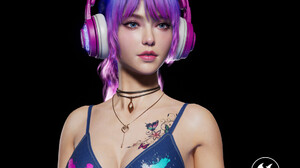 Long Tai Zi CGi Women Dyed Hair Headphones Colorful Pink Blue Necklace Tattoo Black Background Blue  1920x1638 Wallpaper