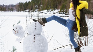 Women Model Long Hair Winter Snow Open Coat Snowman Blue Pants Blue Jeans Brunette Women Outdoors Wh 1280x960 Wallpaper