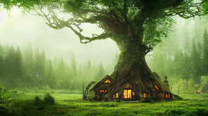 Tree House Magic Forest Trees Nature Green 2304x1536 Wallpaper