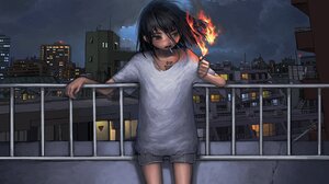 Burning Shorts T Shirt Building Night Anime Girls Smoking Cigarettes Fire Lighter Clouds City Lights 4096x2882 Wallpaper