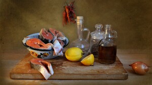 Food Salmon Lemons Cutting Board Onion Chilli Peppers Bottles Jar 1920x1200 Wallpaper