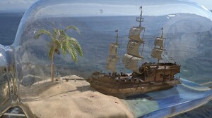 Pirate Ship Coconuts Ship Water Bottles Sand Palm Trees 1920x1080 Wallpaper